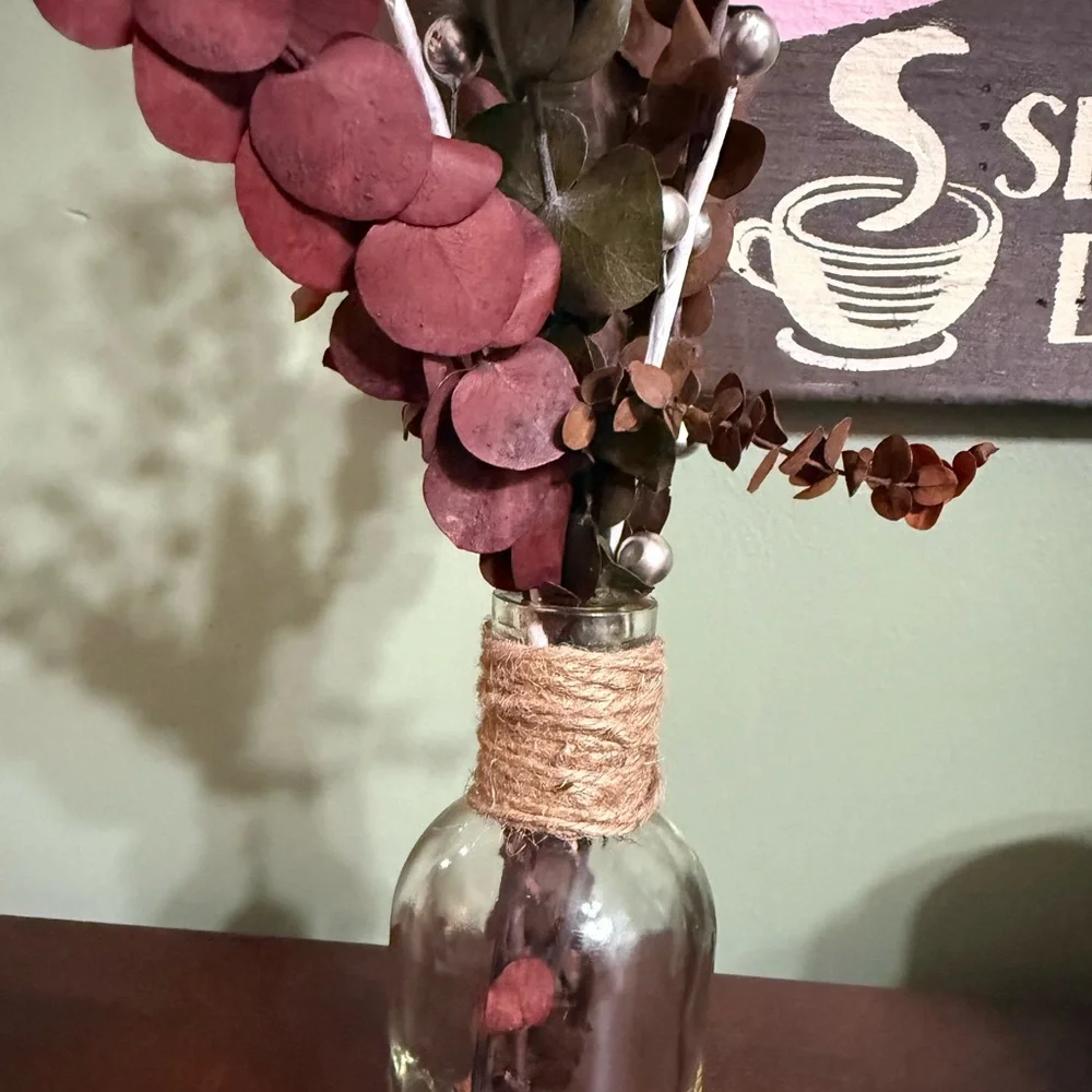 Rustic Glass Vase with Burgundy Accents, Handmade Cottagecore Modern Farmhouse